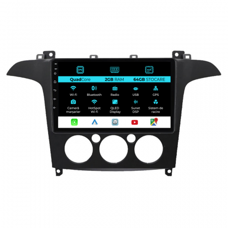 S-MAX (2006 - 2015) - Navigatie Android Dedicata Ford S-Max (2006 - 2015), 9Inch, 2Gb Ram, 64Gb Stocare, Carplay, Clima manuala