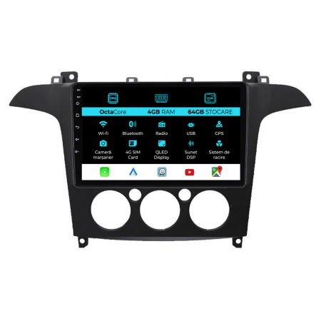 S-MAX (2006 - 2015) - Navigatie Android Dedicata Ford S-Max (2006 - 2015) 9Inch, 4Gb Ram, 64Gb Stocare, Carplay, Clima manuala
