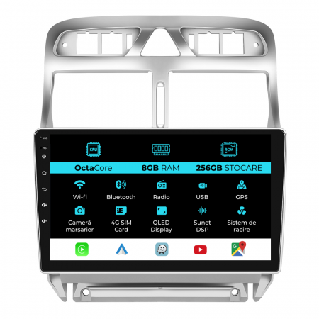 307 (2000 - 2013) - Navigatie Dedicata Peugeot 307 (2000-2013), 9Inch, 8Gb Ram, 256Gb Stocare, Carplay