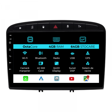 308 (2007 - 2013) - Navigatie Dedicata Peugeot 308/408 (2008-2013), 9Inch, 4Gb Ram, 64Gb Stocare, Carplay