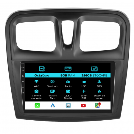 Sandero (2010 - 2020) - Navigatie Dedicata Dacia Logan/Sandero (2012-2020), 9Inch, 8Gb Ram, 256Gb Stocare, Carplay