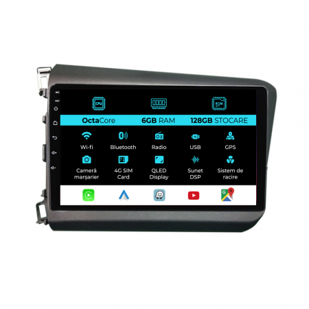 Civic IX Sedan  (2011 - 2015) - Navigatie Dedicata Honda Civic IX Sedan  (2011-2015), 9Inch, 6Gb Ram, 128Gb Stocare, Carplay