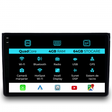 A4 B6/B7 (2000 - 2008) - Navigatie Dedicata Audi A4 (2001-2008), QuadCore, 9Inch, 4Gb Ram, 64Gb Stocare, Carplay