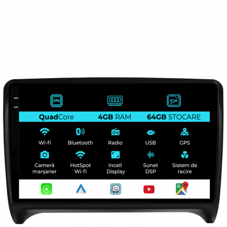 TT (2006 - 2014) - Navigatie Dedicata Audi TT (2006-2014), QuadCore, 9Inch, 4Gb Ram, 64Gb Stocare, Carplay