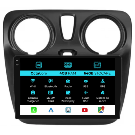 Dokker (2010 - 2020) - Navigatie Dedicata Dacia Dokker / Lodgy (2012-2020), 2K, 4Gb Ram, 64Gb Stocare, Carplay