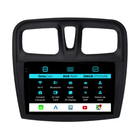 Logan (2012-2020) - Navigatie Dedicata Dacia Logan (2012 - 2020), 2K, 8Gb Ram, 256Gb Stocare, Android Auto, Carplay