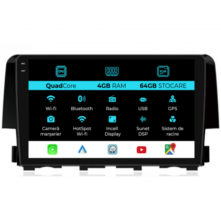 Civic X (2015 - 2021) - Navigatie Dedicata Honda Civic (2015-2021),QuadCore, 9Inch, 4Gb Ram, 64Gb Stocare, Carplay
