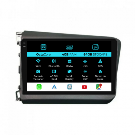 Civic IX Sedan  (2011 - 2015) - Navigatie Dedicata Honda Civic IX Sedan  (2011-2015), 9Inch, 4Gb Ram, 64Gb Stocare, Carplay