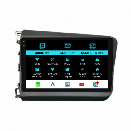 Civic IX Sedan  (2011 - 2015) - Navigatie Dedicata Honda Civic IX Sedan  (2011-2015),QuadCore, 9Inch, 4Gb Ram, 64Gb Stocare, Carplay