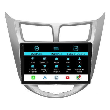 Accent (2010-2016) - Navigatie Dedicata Hyundai Accent (2011-2016),Quadcore, 9 Inch, 4Gb Ram, 64Gb Stocare, Android Auto, Carplay