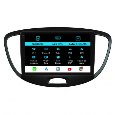 I10 (2007-2013) - Navigatie Dedicata Hyundai I10 (2007-2013), 9Inch, 4Gb Ram, 64Gb Stocare, Carplay