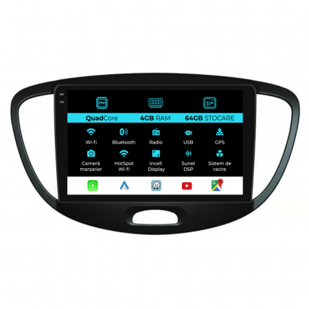 I10 (2007-2013) - Navigatie Dedicata Hyundai I10 (2007-2013),QuadCore, 9Inch, 4Gb Ram, 64Gb Stocare, Carplay
