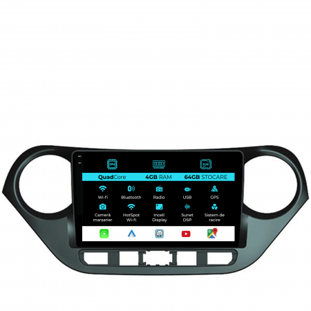 I10 (2013-2017) - Navigatie Dedicata Hyundai I10 (2013-2017),QuadCore, 9Inch, 4Gb Ram, 64Gb Stocare, Carplay