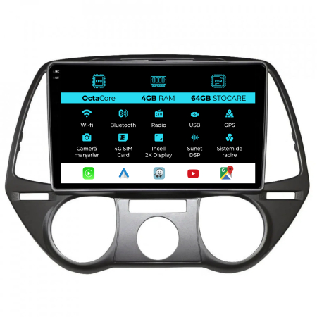 I20 (2008-2012) - Navigatie Dedicata Hyundai I20 (2008 - 2012), 2K, 4Gb Ram, 64Gb Stocare, Android Auto, Carplay