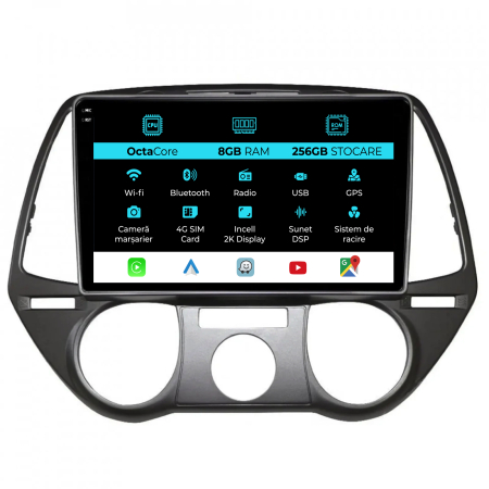 I20 (2008-2012) - Navigatie Dedicata Hyundai I20 (2008 - 2012), 2K, 8Gb Ram, 256Gb Stocare, Android Auto, Carplay