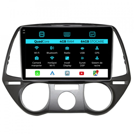 I20 (2008-2012) - Navigatie Dedicata Hyundai I20 (2008 - 2012),QuadCore, 9 Inch, 4Gb Ram, 64Gb Stocare, Android Auto, Carplay