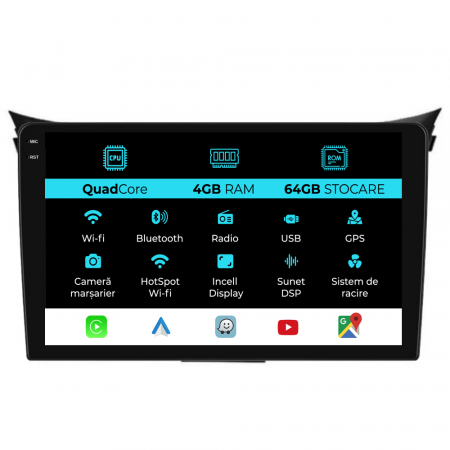 I30 (2011-2015) - Navigatie Dedicata Hyundai I30 (2011-2015),QuadCore, 9Inch, 4Gb Ram, 64Gb Stocare, Carplay