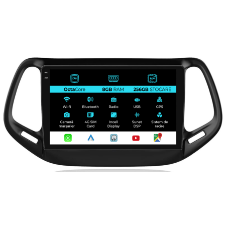 Navigatii Android - Navigatie Dedicata Jeep Compass (2016-2020), 10Inch, 8Gb Ram, 256Gb Stocare, Carplay