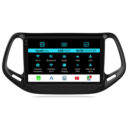 Navigatii Android - Navigatie Dedicata Jeep Compass (2016-2020),QuadCore, 10Inch, 4Gb Ram, 64Gb Stocare, Carplay