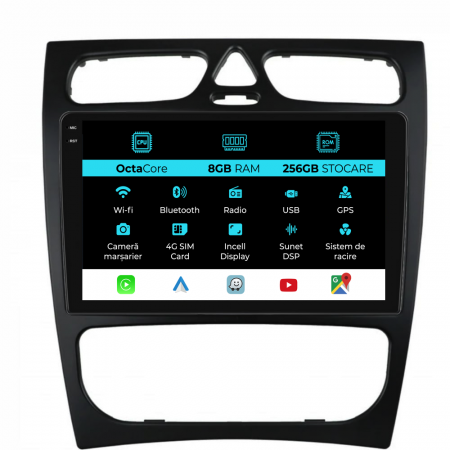 C-Class W203 (2000-2011) - Navigatie Dedicata Mercedes C-Class W203 CLK W209 (2000 - 2005), 9Inch, 8Gb Ram, 256Gb Stocare, Carplay
