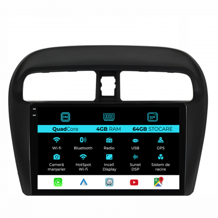 Mirage (2012-2024) - Navigatie Dedicata Mitsubishi Attrage | Mirage | Space Star (2012-2024),QuadCore, 9Inch, 4Gb Ram, 64Gb Stocare, Carplay