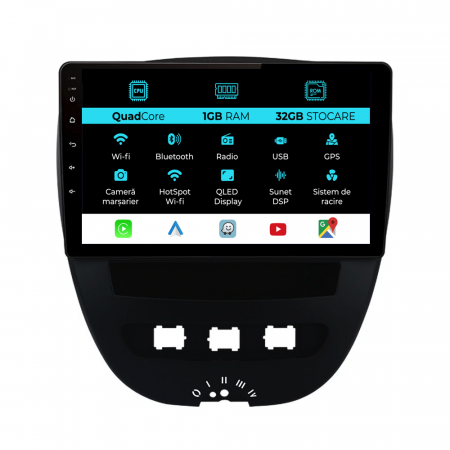 107 (2005 - 2015) - Navigatie Dedicata Peugeot 107/Citroen C1/Toyota Aygo (2005 - 2015),10Inch, 1Gb Ram, 32Gb Stocare, Carplay