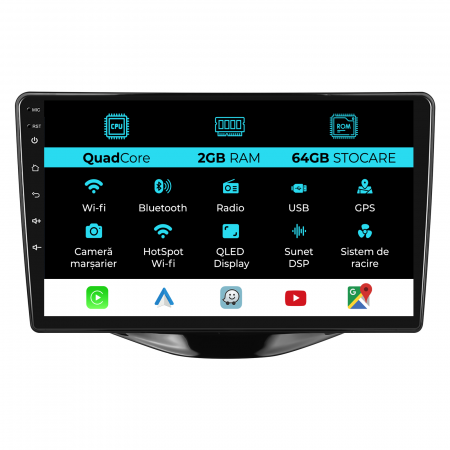 108 (2014 - 2021) - Navigatie Dedicata Peugeot 107/Citroen C1/Toyota Aygo (2014 - 2022), 9Inch, 2Gb Ram, 64Gb Stocare, Carplay