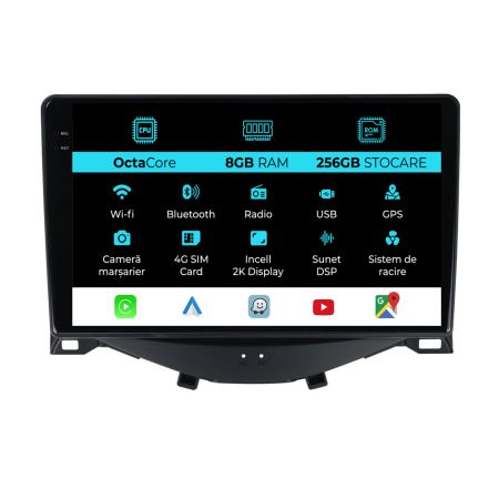 108 (2014 - 2021) - Navigatie Dedicata Peugeot 108/Citroen C1/Toyota Aygo (2014 - 2022), 2K, 8Gb Ram, 256Gb Stocare, Carplay