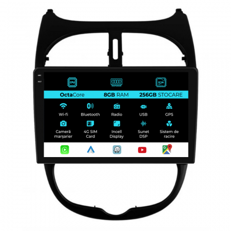 206 (2001 - 2008) - Navigatie Dedicata Peugeot 206 (2001-2008), 9Inch, 8Gb Ram, 256Gb Stocare, Carplay