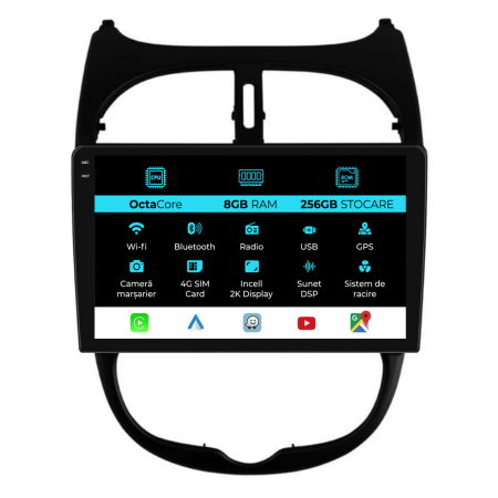 206 (2001 - 2008) - Navigatie Dedicata Peugeot 206 (2001-2008), 2K, 8Gb Ram, 256Gb Stocare, Carplay