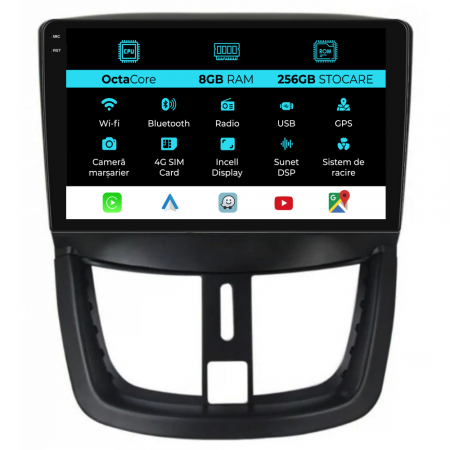 207 (2006 - 2015) - Navigatie Dedicata Peugeot 207 (2006-2015), 9Inch, 8Gb Ram, 256Gb Stocare, Carplay