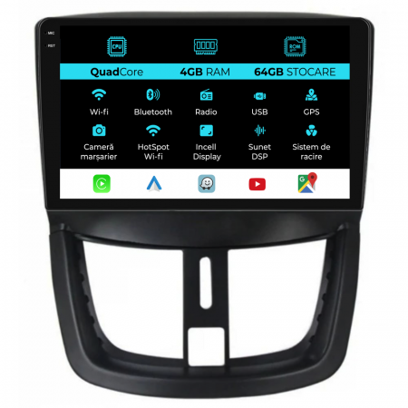207 (2006 - 2015) - Navigatie Dedicata Peugeot 207 (2006-2015),QuadCore, 9Inch, 4Gb Ram, 64Gb Stocare, Carplay