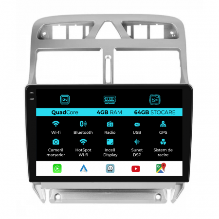 307 (2000 - 2013) - Navigatie Dedicata Peugeot 307 (2000-2013),QuadCore, 9Inch, 4Gb Ram, 64Gb Stocare, Carplay