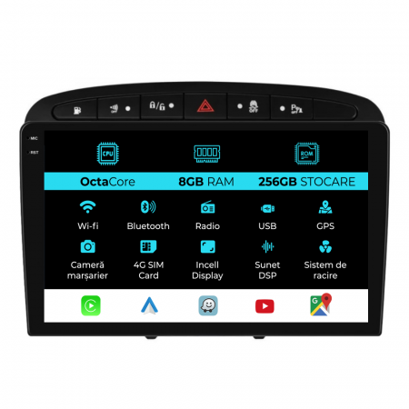 308 (2007 - 2013) - Navigatie Dedicata Peugeot 308/408 (2008-2013), 9Inch, 8Gb Ram, 256Gb Stocare, Carplay
