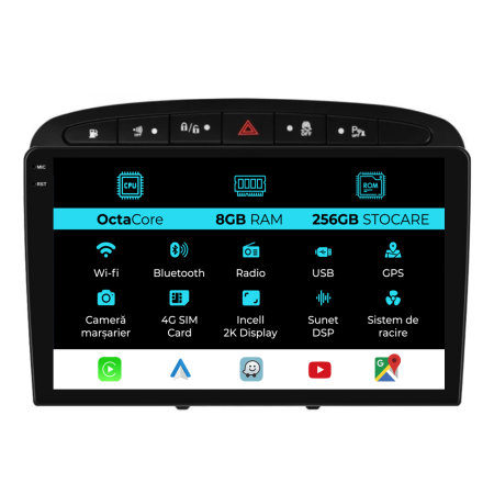 308 (2007 - 2013) - Navigatie Dedicata Peugeot 308/408 (2008-2013), 2K, 8Gb Ram, 256Gb Stocare, Carplay