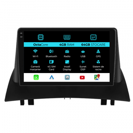 Megane 2 (2002-2009) - Navigatie Dedicata Renault Megane 2 (2002-2009), 9 Inch, 4Gb Ram, 64Gb stocare, Carplay
