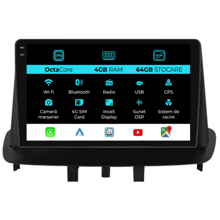 Megane 3 (2009 - 2015) - Navigatie Dedicata Renault Megane 3 (2008-2015), 9 Inch, 4Gb Ram, 64Gb stocare, CarPlay