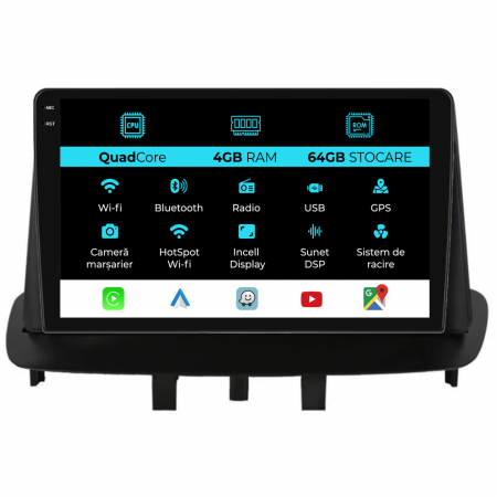Megane 3 (2009 - 2015) - Navigatie Dedicata Renault Megane 3 (2008-2015),QuadCore, 9 Inch, 4Gb Ram, 64Gb stocare, CarPlay
