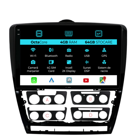 Octavia 2 (2004 - 2013) - Navigatie Dedicata Skoda Octavia 2 (2004-2013), 2K, 4Gb Ram, 64Gb Stocare, Carplay