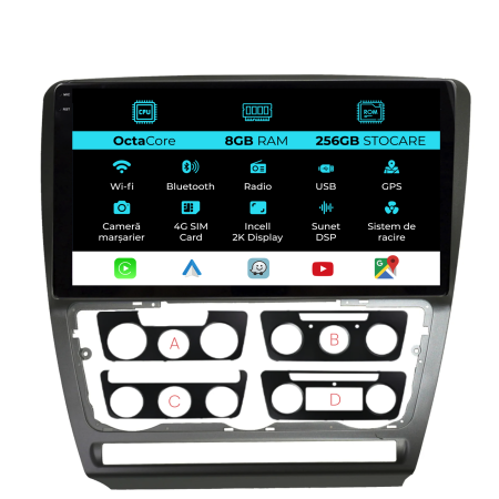 Octavia 2 (2004 - 2013) - Navigatie Dedicata Skoda Octavia 2 (2004-2013), 2K, 8Gb Ram, 256Gb Stocare, Carplay