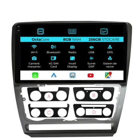 Octavia 2 (2004 - 2013) - Navigatie Dedicata Skoda Octavia 2 (2004-2013), 10Inch, 8Gb Ram, 256Gb Stocare, Carplay