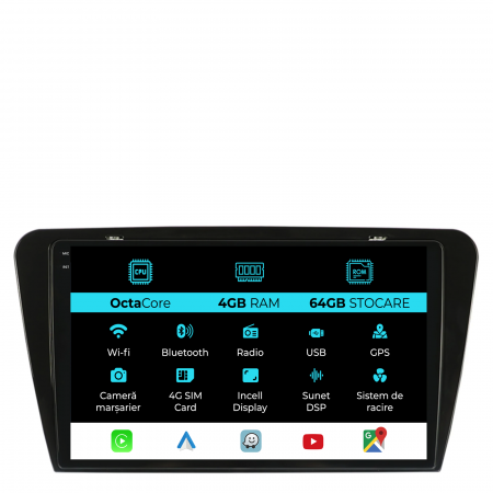 Octavia 3 (2013 - 2018) - Navigatie Dedicata Skoda Octavia 3 (2013-2018), 10Inch, 4Gb Ram, 64Gb Stocare, Carplay