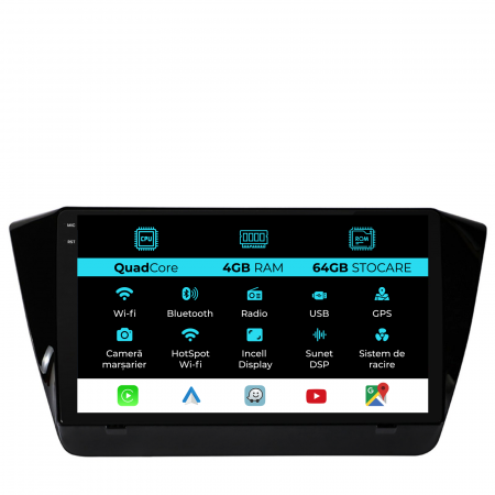 Superb 3 (2015 - 2019) - Navigatie Dedicata Skoda Superb 3 (2015-2019),QuadCore, 10Inch, 4Gb Ram, 64Gb Stocare, Carplay