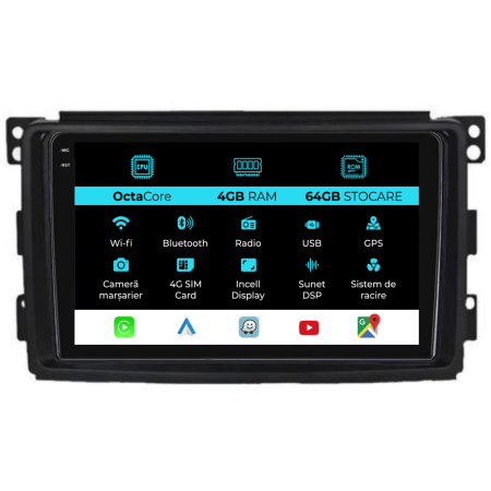 Navigatii Android - Navigatie Dedicata Smart For Two (2005-2010) For Four (2005-2010), 9Inch, 4Gb Ram, 64Gb stocare, Carplay