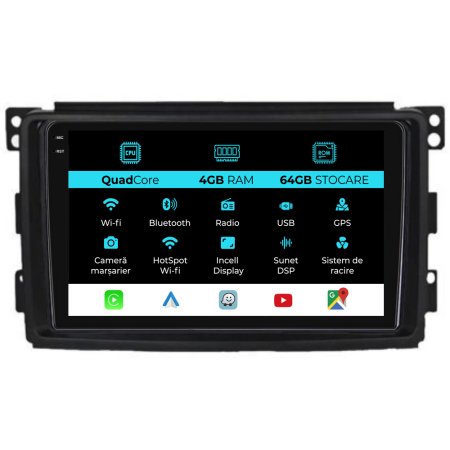 Navigatii Android - Navigatie Dedicata Smart For Two (2005-2010) For Four (2005-2010),QuadCore, 9Inch, 4Gb Ram, 64Gb stocare, Carplay