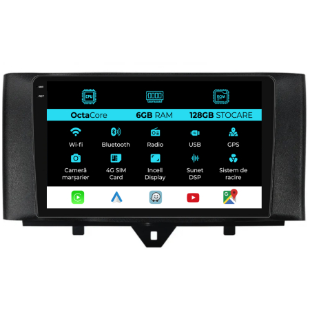 For Two (2010 - 2015) - Navigatie Dedicata Smart For Two (2010-2015) For Four (2010-2015), 9Inch, 6Gb Ram, 128Gb stocare, Carplay