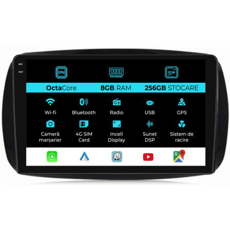 For Four (2016 - 2021) - Navigatie Dedicata Smart For Two (2016-2021) For Four (2016-2021), 9Inch, 8Gb Ram, 256Gb stocare, Carplay