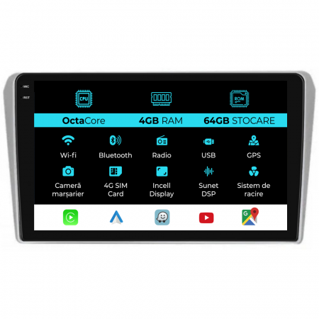 Avensis (2002 - 2008) - Navigatie Dedicata Toyota Avensis (2002-2008), 9 Inch, 4Gb Ram, 64Gb stocare, Carplay