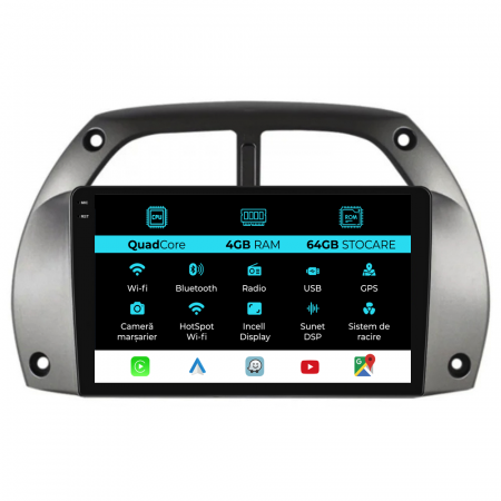Rav 4 (2000-2005) - Navigatie Dedicata Toyota Rav 4 (2000-2005),QuadCore, 9Inch, 4Gb Ram, 64Gb Stocare, Carplay