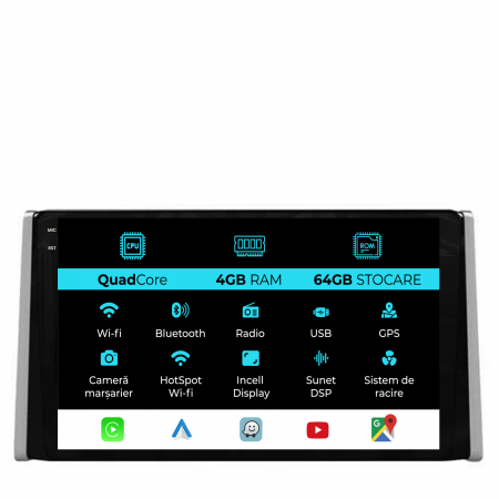 Rav 4 (2018-2025) - Navigatie Dedicata Toyota Rav4 (2018-2024),QuadCore, 9Inch, 4Gb Ram, 64Gb Stocare, Carplay